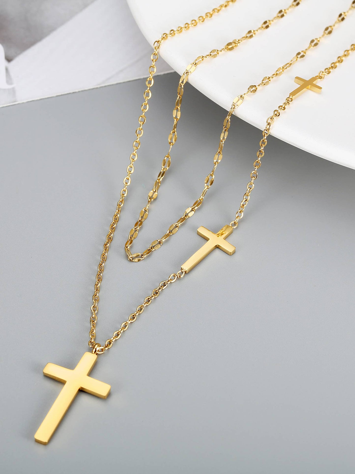 Double Layered Cross Pendant Collarbone Chain Necklace