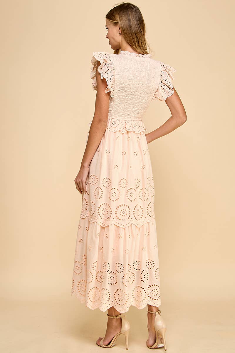 Eyelet Lace Scalloped Hem Ruffle Detail Dress: Beige