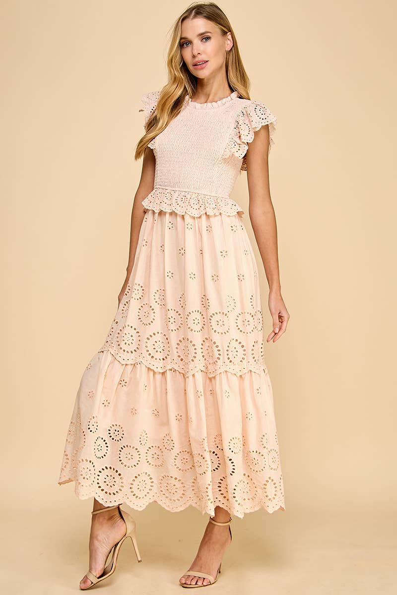 Eyelet Lace Scalloped Hem Ruffle Detail Dress: Beige