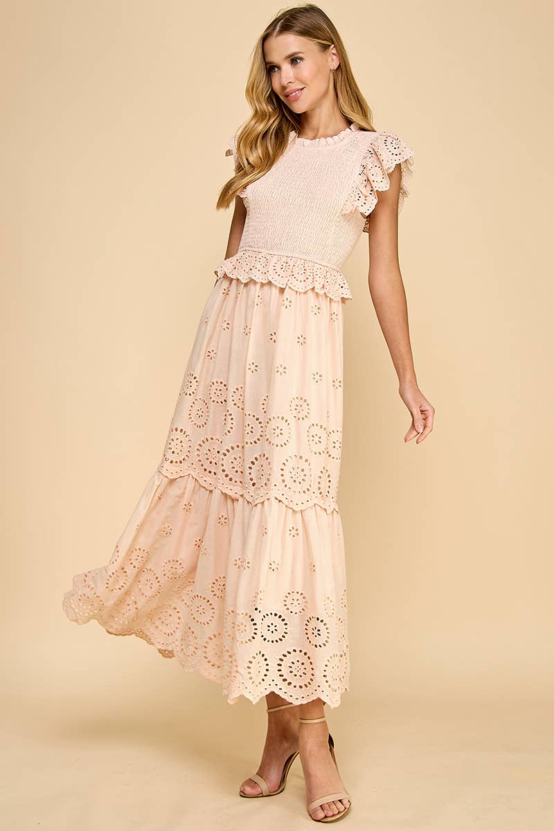 Eyelet Lace Scalloped Hem Ruffle Detail Dress: Beige