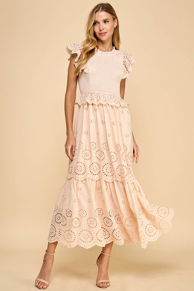 Eyelet Lace Scalloped Hem Ruffle Detail Dress: Beige