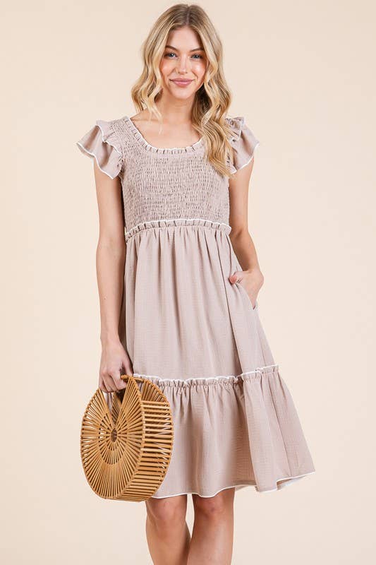 Solid Ruffle Trim Smocked Dress with Contrast: Taupe