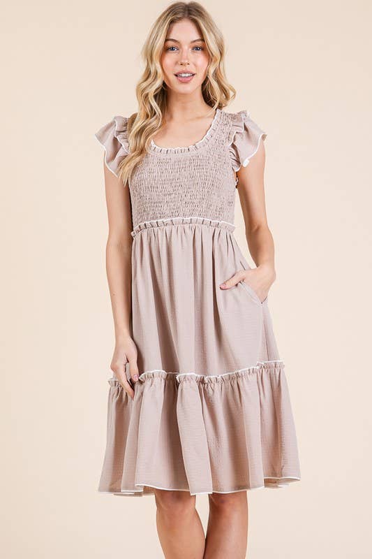 Solid Ruffle Trim Smocked Dress with Contrast: Taupe