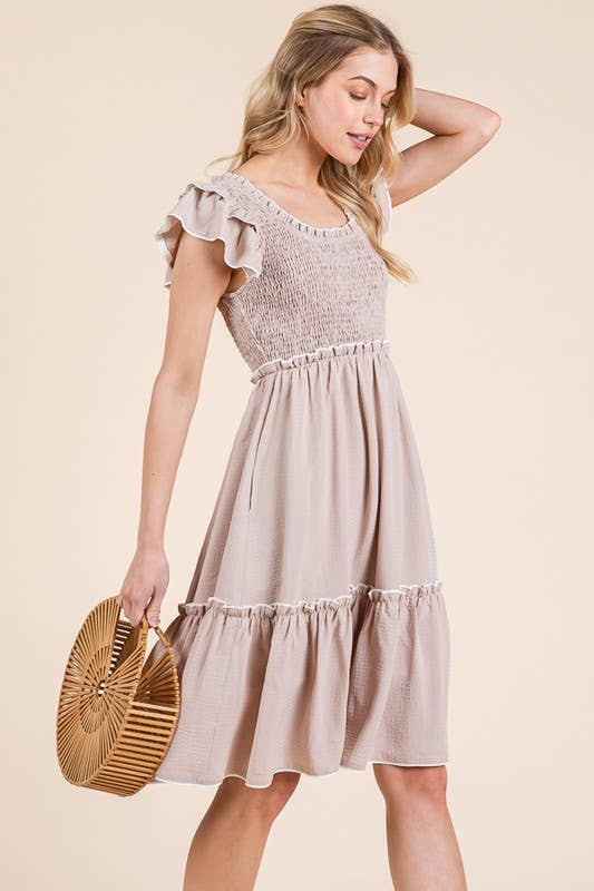 Solid Ruffle Trim Smocked Dress with Contrast: Taupe