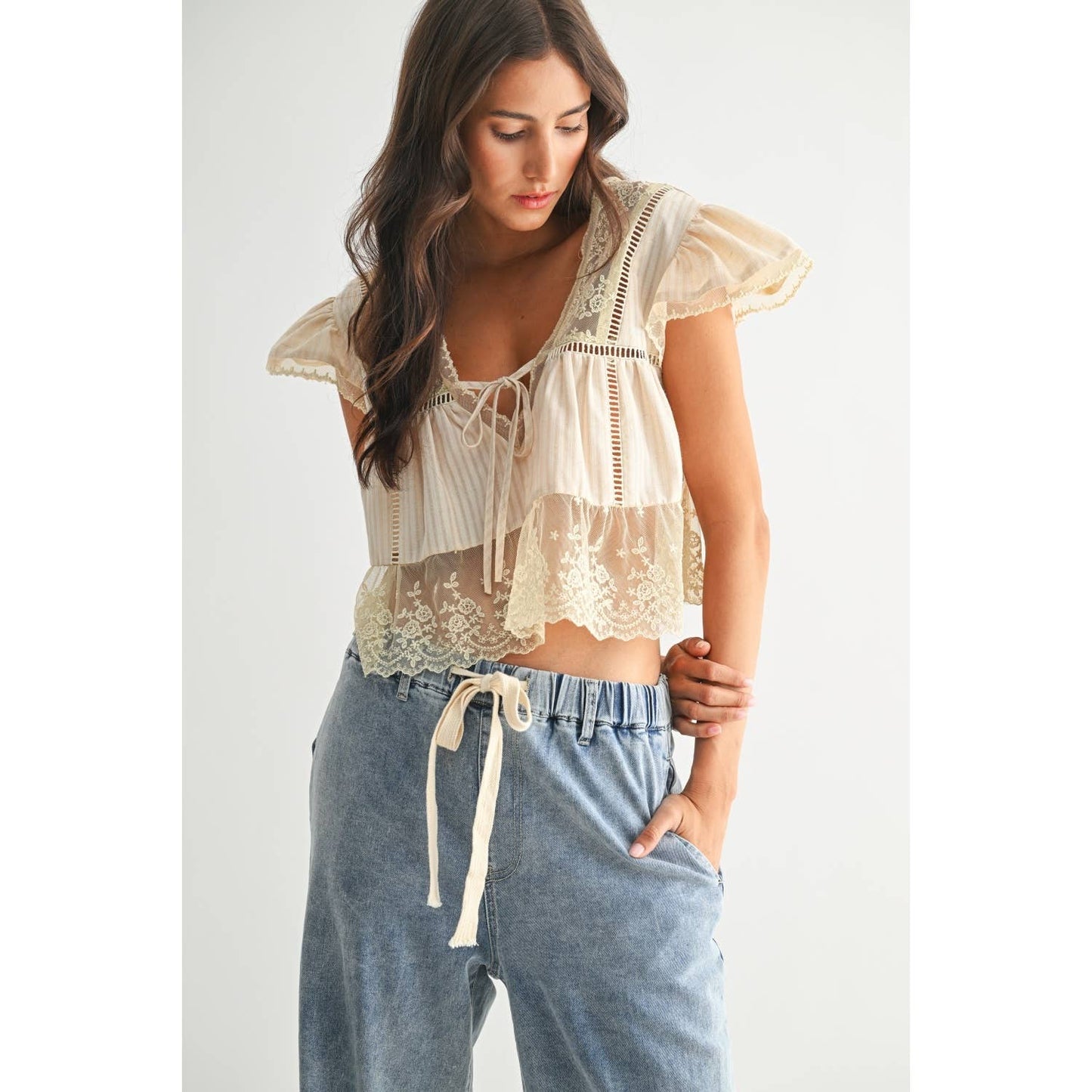 LACE-TRIMMED BLOUSE: SAND