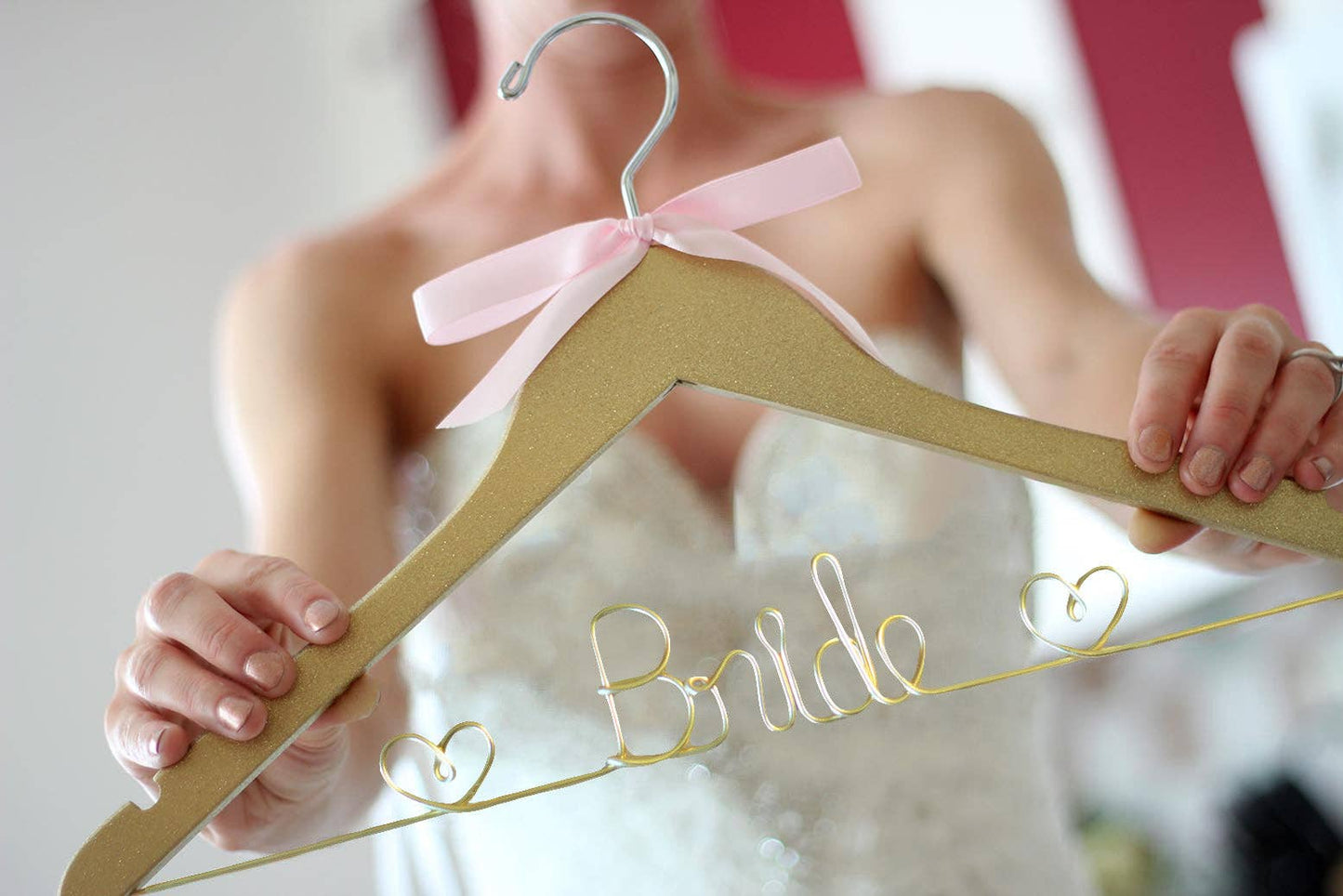 Gold or Silver Bride Hanger with Hearts, Wedding Hanger: Glitter Gold (with gold wire)