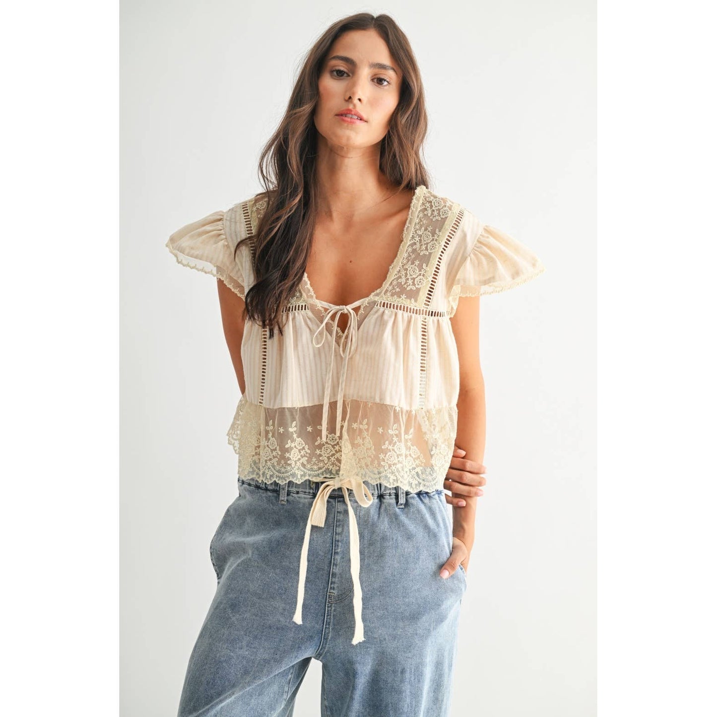 LACE-TRIMMED BLOUSE: SAND