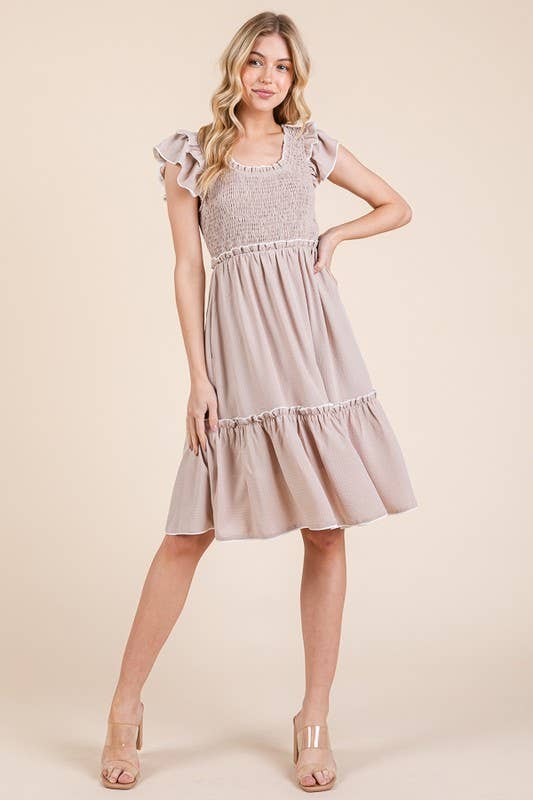 Solid Ruffle Trim Smocked Dress with Contrast: Taupe