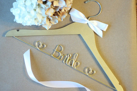 Gold or Silver Bride Hanger with Hearts, Wedding Hanger: Glitter Gold (with gold wire)