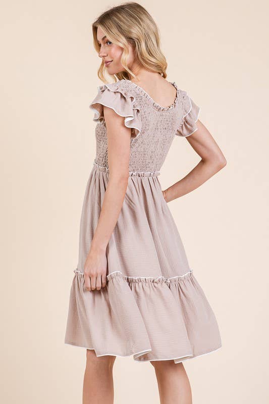 Solid Ruffle Trim Smocked Dress with Contrast: Taupe