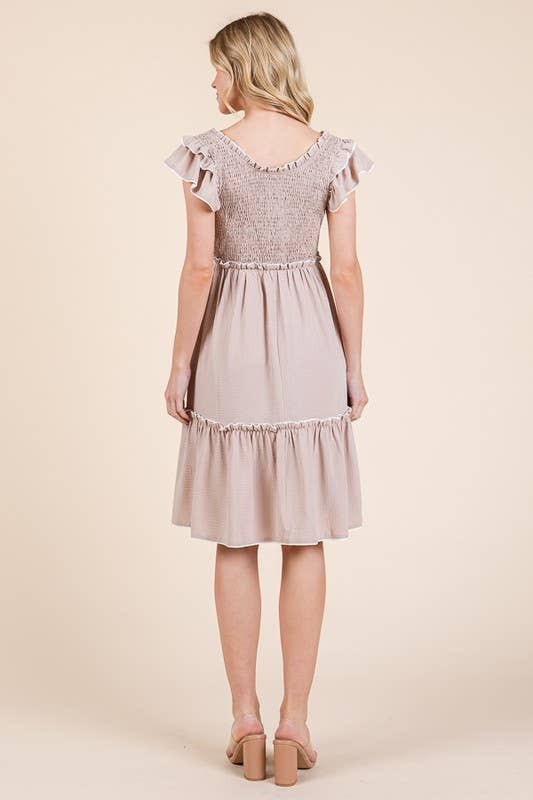 Solid Ruffle Trim Smocked Dress with Contrast: Taupe