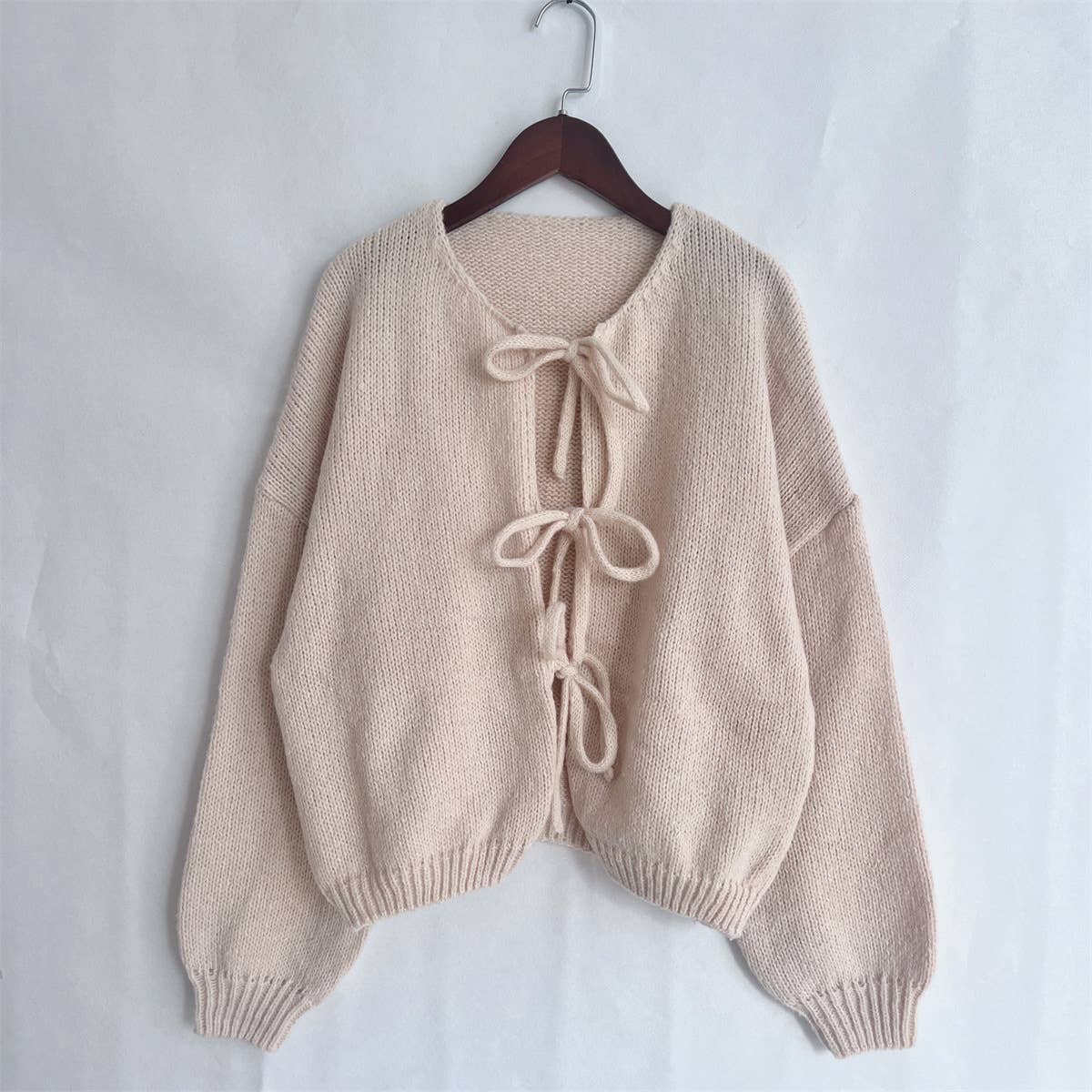 Plain Pretty Ribbon Bow tie front lace up knit Cardigan