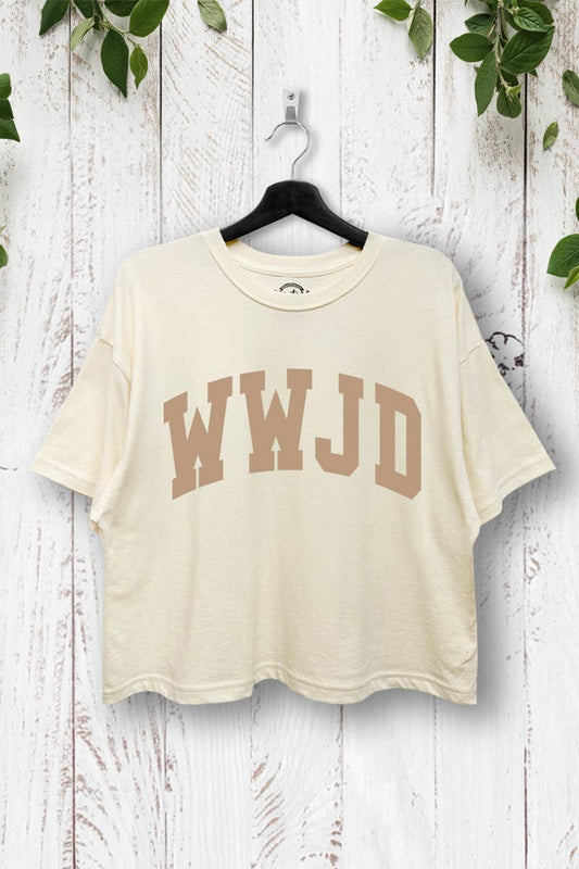 WWJD-WHAT WOULD JESUS DO GRAPHIC BOXY CROP T-SHIRT: CREAM