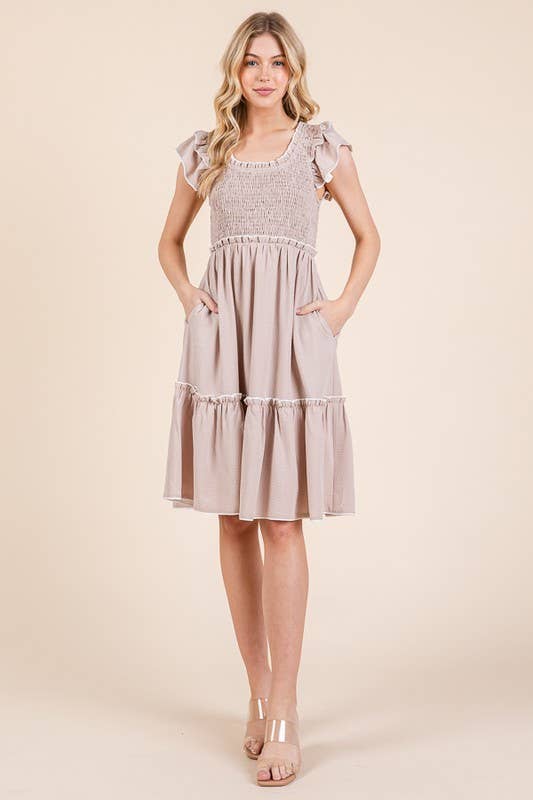 Solid Ruffle Trim Smocked Dress with Contrast: Taupe
