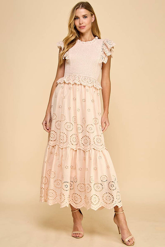 Eyelet Lace Scalloped Hem Ruffle Detail Dress: Beige