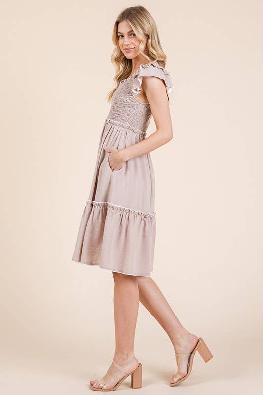 Solid Ruffle Trim Smocked Dress with Contrast: Taupe