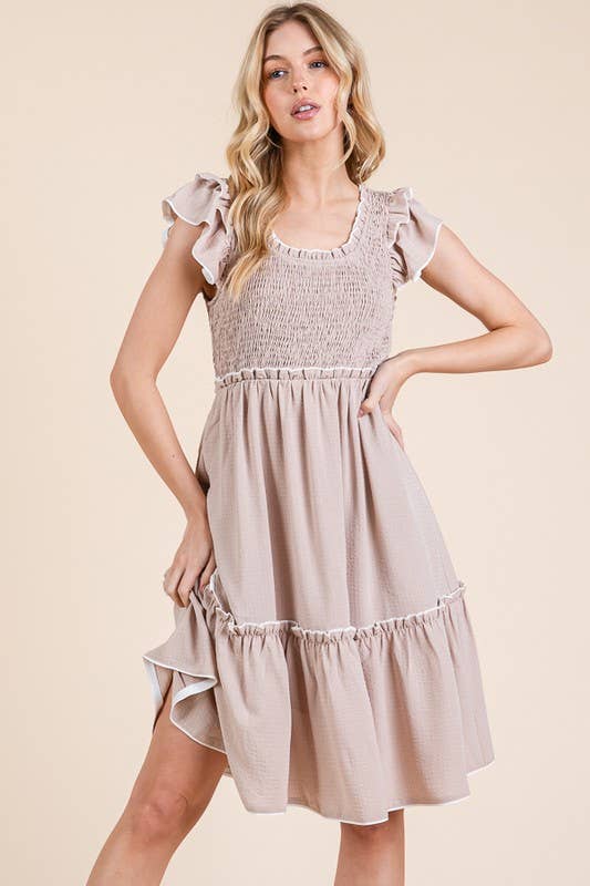 Solid Ruffle Trim Smocked Dress with Contrast: Taupe