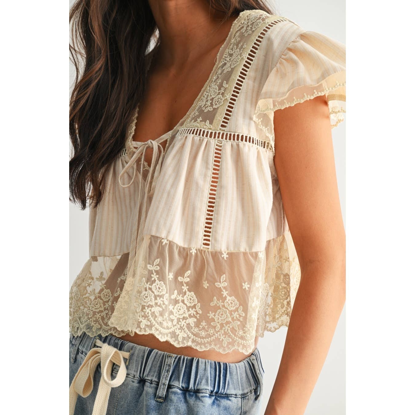 LACE-TRIMMED BLOUSE: SAND