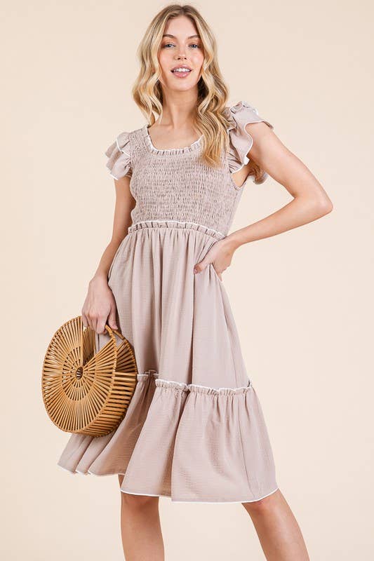 Solid Ruffle Trim Smocked Dress with Contrast: Taupe