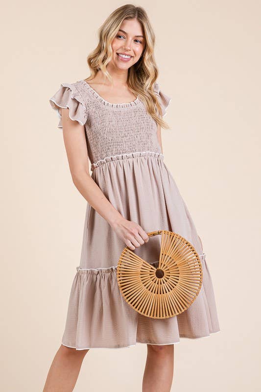 Solid Ruffle Trim Smocked Dress with Contrast: Taupe