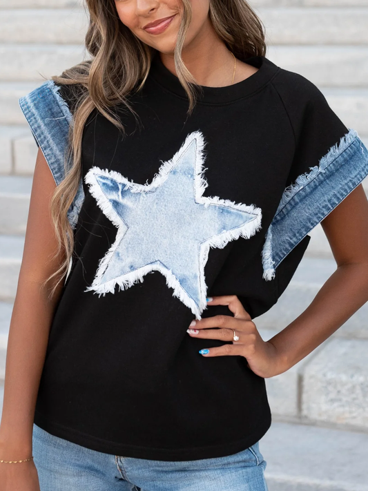 Edgy Denim Star Patch Trim Sleeve Short-Sleeve Top: Black / L